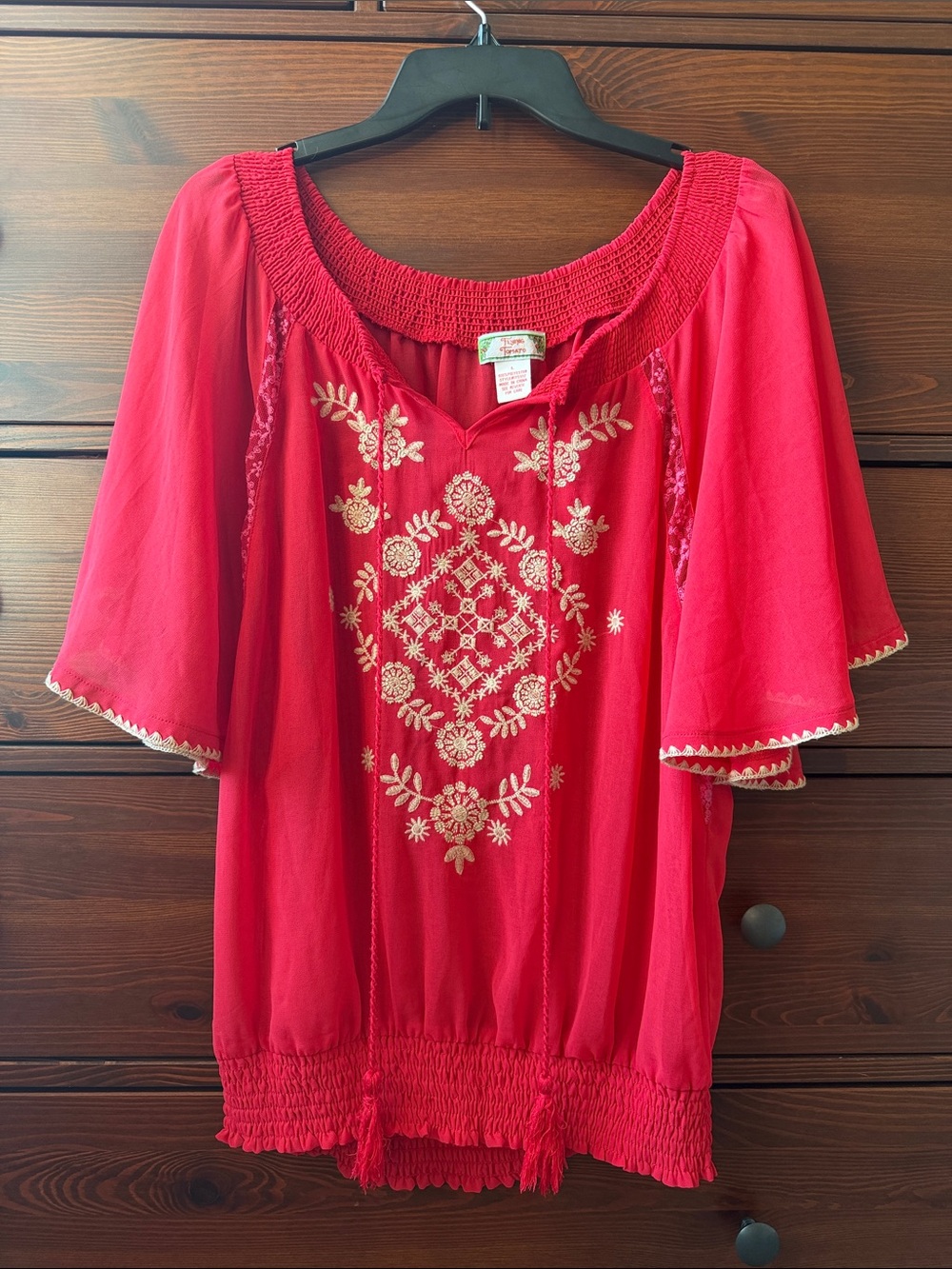 Flying Tomato Red Embroidered Peasant Blouse